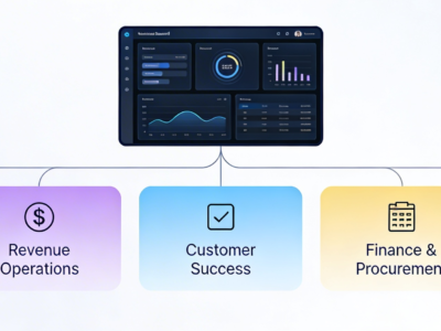 Illustration of a central AI automation platform with five labeled accelerator tiles—Meeting Transcript Aggregator, Revenue Operations, Customer Success, Finance & Procurement, and IT & Security Operations—connected in a clean, modern dashboard layout.