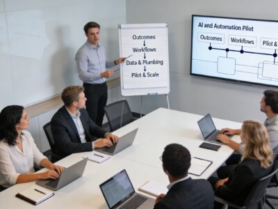 Business leader reviewing a simple AI and automation roadmap with a small team in a conference room.