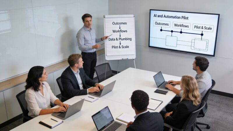 Business leader reviewing a simple AI and automation roadmap with a small team in a conference room.