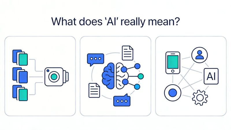 Illustration showing three simple panels that explain different aspects of AI: data flowing into a model, language and documents around a brain, and connected apps with gears for automation.