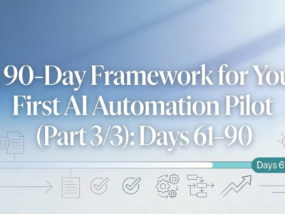 90-day AI automation pilot framework timeline highlighting days 61 to 90 with launch and growth icons