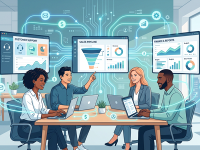 Banner image depicting AI-powered automation for SMBs: diverse professionals in a modern office with flowing data lines linking CRM dashboards, chat support interfaces, and financial charts in blue-teal tones (see the generated image above).