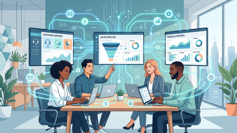 Banner image depicting AI-powered automation for SMBs: diverse professionals in a modern office with flowing data lines linking CRM dashboards, chat support interfaces, and financial charts in blue-teal tones (see the generated image above).